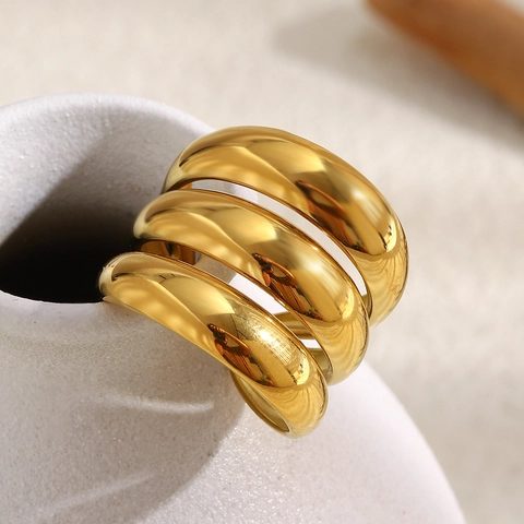 Multi Layer Curved Wide Band Open Ring 18K Gold Plated Stainless Steel Minimalist Geometric Fashion Jewelry For Women