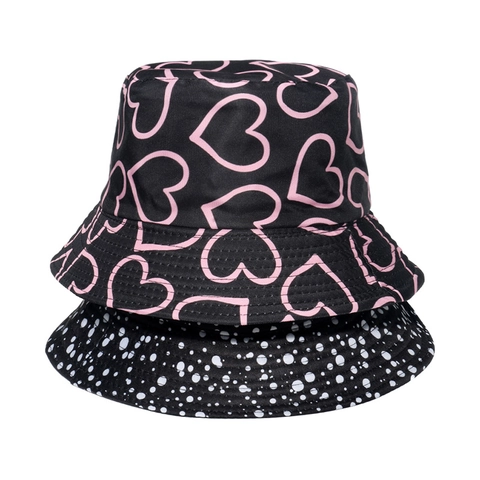 Women Reversible Bucket Hat Polyester Sun Protection Summer Beach Outdoor Heart Polka Dot Floral Pattern Travel Cap