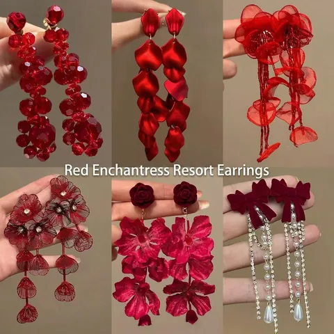 Stoffen Bloem Oorhangers Rood Roos Legering Met Zilveren Oorstokjes Elegante Romantische Sieraden Voor Vrouwen