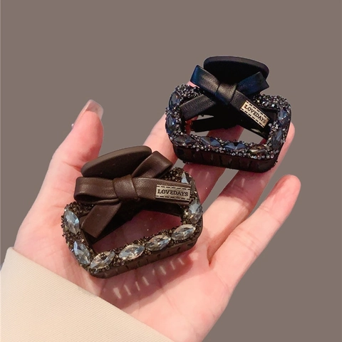 Elegante Pinza Per Capelli Con Strass E Fiocco In Pelle Lega Clip A Squalo Stile Francese Accessorio Donna