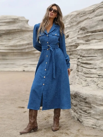 Corduroy Maxi Shirt Dress Long Sleeve Lapel Button Up With Belt Flap Pockets Elegant A-Line Solid Color Commuter For Women