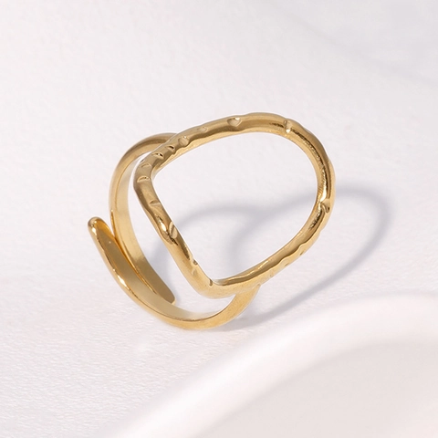 Anillo Abierto De Acero Inoxidable Minimalista Textura Martillada Geométrico Ovalado Hueco Ajustable Joyería De Moda Para Mujer