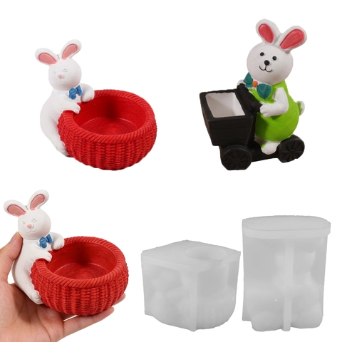 Rabbit Silicone Mold DIY Handmade Resin Candle Soap Gypsum Casting Easter Bunny Basket Flower Pot Desktop Decor Ornament