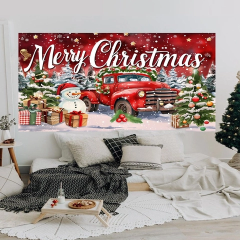 Weihnachten Hintergrund Polyester Roter LKW Schneemann Merry Christmas Party Dekoration Wandbehang Wandteppich Festlich Foto Requisite