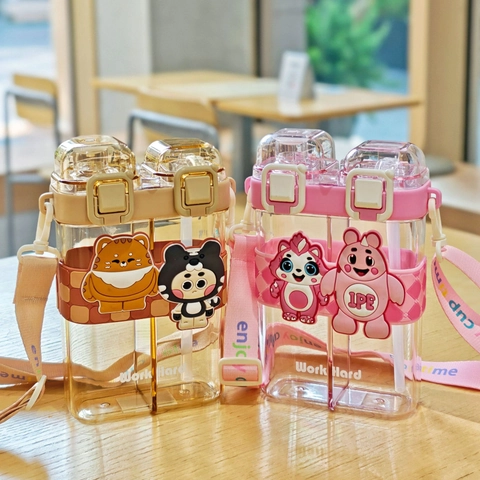 Cartoon Square Plastic Water Bottle Dual Compartment Drinking Cup With Straw And Adjustable Shoulder Strap For Kids