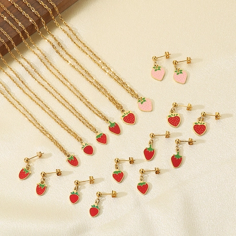 Strawberry Pendant Necklace And Earrings Stainless Steel Gold Plated Enamel Sweet Summer Vacation Style For Women