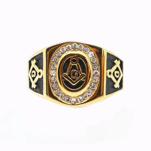 Freimaurer Siegelring Edelstahl Goldton Emaille Strass Vintage Schmuck Für Herren