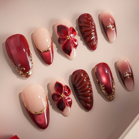 Unghie Finte Press-On Cat Eye Perla Artificial French Corte Mandorla Sfumato Rosso Oro Texture Marmo Manicure Lusso Per Donna