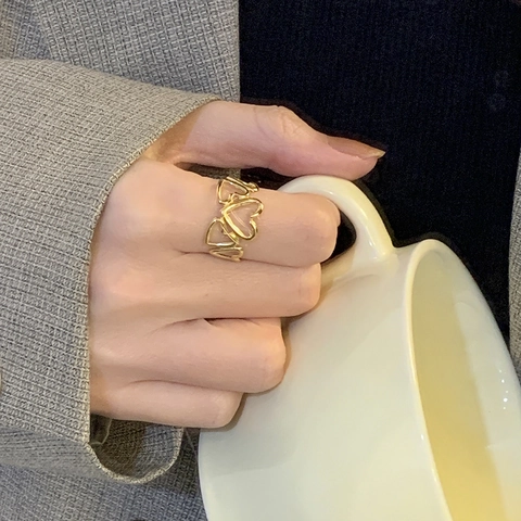 Hollow Heart Open Adjustable Ring Stainless Steel Gold Plated Vintage Wide Band Finger Jewelry For Women