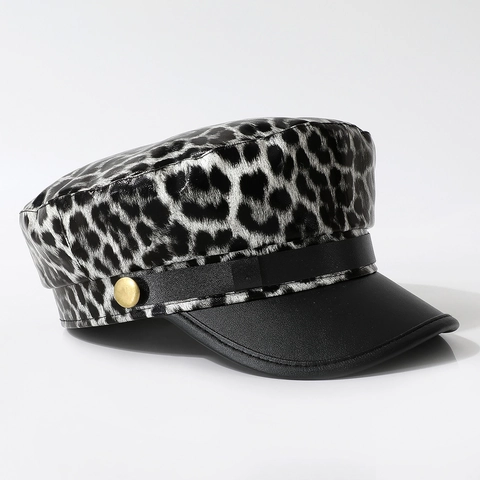 Berretto Da Strillone Per Donna Stampa Leopardata Pelle PU Cappello Baker Boy Con Tesa Nera Vintage Y2K Moda Bottone Metallo