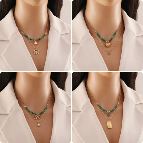 Double Layer Necklace Stainless Steel Green Beads Heart Bow Octagram Pendant Bohemian Fashion Jewelry For Women