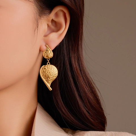 Drop Earrings Hammered Texture Stainless Steel 18K Gold Plated Irregular Leaf Shape Double Layer For Women