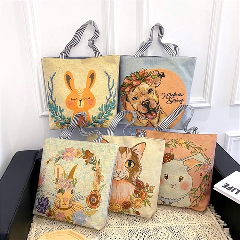 Borsa Tote Tela Donna Ricamo Animale Floreale Grande Capacità Borsa Spalla Casual Tracolla Righe Chiusura Lampo Cotone