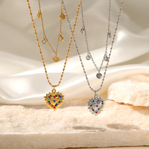 Double Layer Stainless Steel Heart Evil Eye Pendant Necklace For Women Multicolor Rhinestone Gold Silver Plated Jewelry