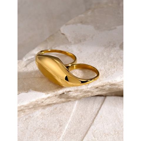 Doppel Finger Ring Vergoldeter Edelstahl Minimalistisches Nischendesign Spiegelpoliert Mollige Organische Form Damen
