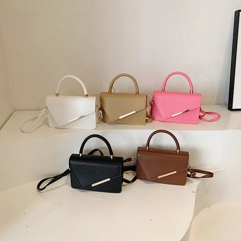 Minimalistische Schulter Umhängetasche PU Leder Lychee Textur Gold Metal Dekor Top Griff Kleine Quadratische Klappe Handtasche Damen