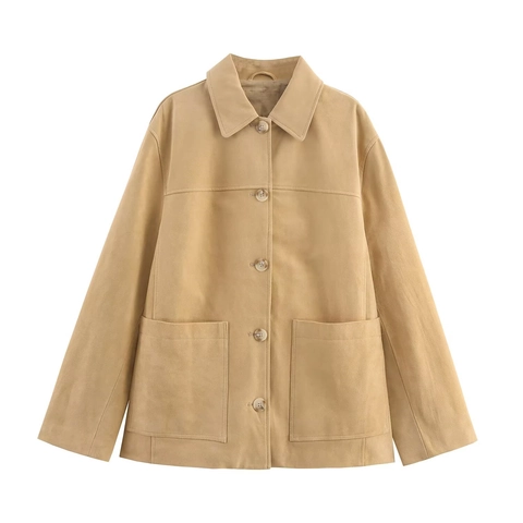 Chaqueta De Gamuza Vintage Para Mujer Solapa Abotonada Ropa De Abrigo Casual Con Bolsillos Abrigo Elegante De Otoño