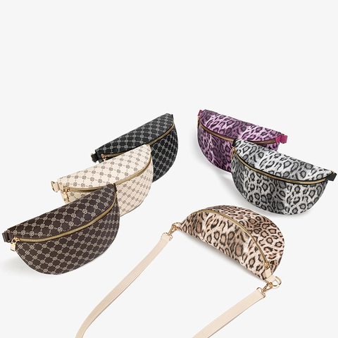 Leopard Print Monogram Waist Bag PU Leather Half Moon Chest Bag Adjustable Strap Crossbody Fashion Women Trendy