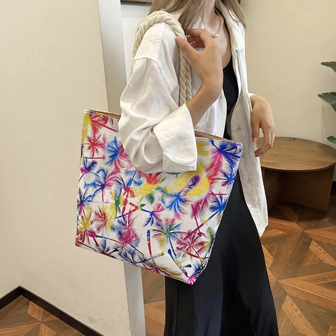 Large Capacity Canvas Tote Bag With Braided Rope Handle Tropical Print Summer Beach Travel Handbag For Women