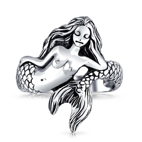 Vintage Kupfer Meerjungfrau Offener Ring Für Herren Alt-Thailändischer Silberstil Mythologische Sirene Verstellbarer Fingerring Punk Hip Hop Schmuck Geschenk
