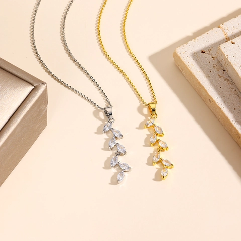 Elegant Copper Wheat Ear Leaf Pendant Necklace With Zirconia Inlaid Gold Silver Plated Chain Jewelry For Women Gift