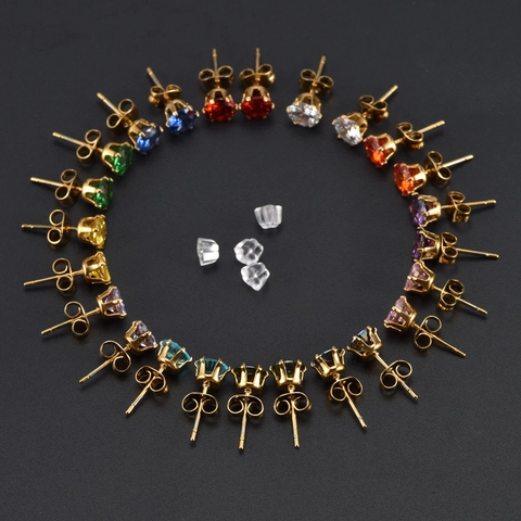 Round Cubic Zirconia Stud Earrings Gold Plated Stainless Steel Birthstone Multiple Colored Crystal Jewelry Women Daily