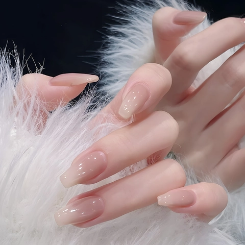 Lange Sarg Aufdrucknägel Farbverlauf Nude Rosa Glänzend Ballerina Form ABS Falsche Nägel Künstliche Full Cover Für Damen