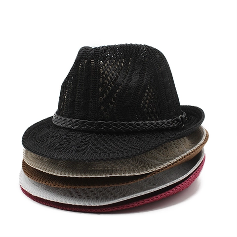 Opengewerkte Gebreide Fedora Hoed Ademend Zonbescherming Jazz Panama Pet Met Gevlochten Band Voor Heren Dames Zomer
