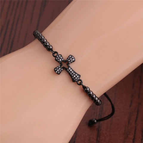 Cross Bracelet Micro Pave Zircon Copper Beads Adjustable Braided Rope Religious Jewelry Trendy Gift Women Men
