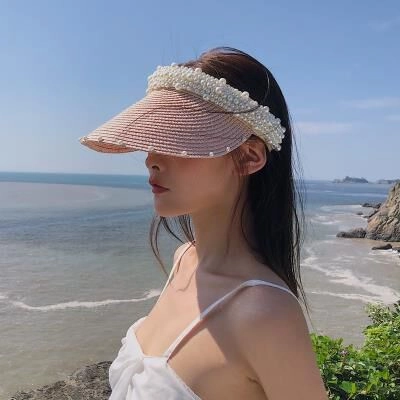 Women Sun Visor Hat Straw Braided With Artificial Pearl Decoration Wide Brim Summer Beach Sunshade Handwoven Fashion Elegant