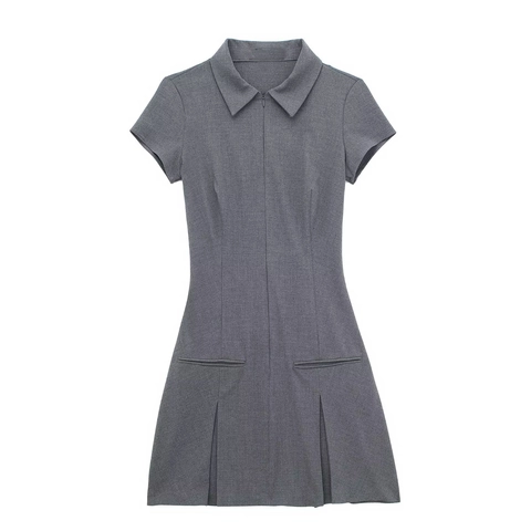 Damen Casual Polo Kragen Kurzarm Minikleid Reißverschluss Plissee Hohe Taille A-Linie Streetwear Sommerkleid