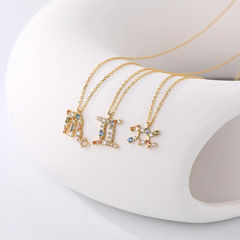 925 Sterling Silver Zodiac Constellation Necklace Colorful Zirconia Pendant Dainty Gold Plated Jewelry For Women Gift
