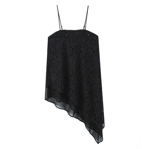 Damen Spitze Camisole Top Sexy Asymmetrischer Saum Spaghettiträger Slim Fit Transparent Chiffon Patchwork Chic Streetwear