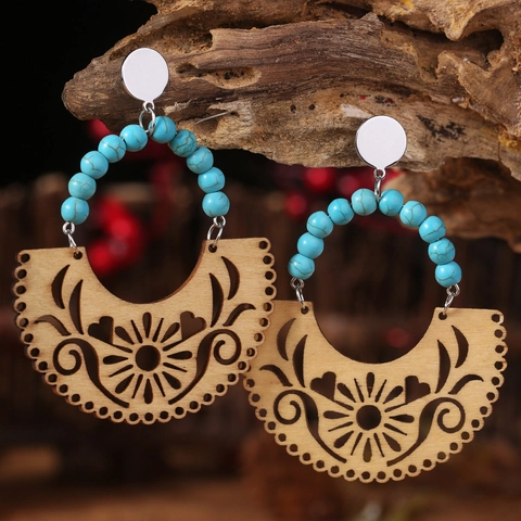 Bohemian Western Wooden Drop Earrings With Faux Turquoise Beads Hollow Geometric Pattern Retro Ethnic Style Women