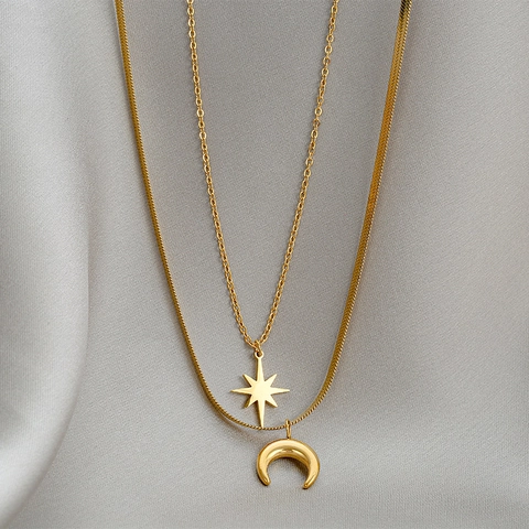 Collana A Doppio Strato Con Stella E Luna In Acciaio Al Titanio Catena A Serpente Ciondolo A Mezzaluna Gioielli Minimalisti