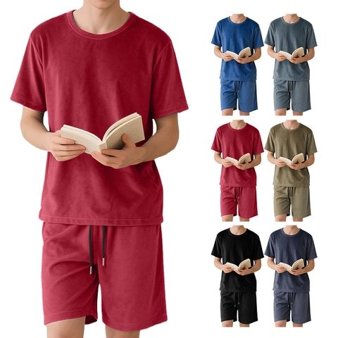 Heren T-Shirt Ronde Hals Korte Mouw En Shorts Met Trekkoord Fluwelen Textuur Casual Zomer Loungewear