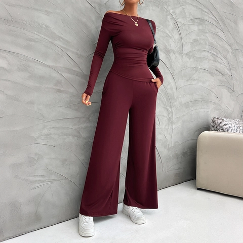 One Shoulder Long Sleeve Top And High Waisted Wide Leg Pants Women Viscose Elastane Pleated Slim Fit Elegant Apparel