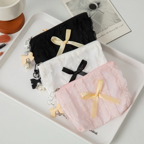 Cute Makeup Bag Polyester Seersucker Lace Bow Artificial Pearl Pendant Ruffled Polka Dot Korean Style Portable Pouch Women Storage