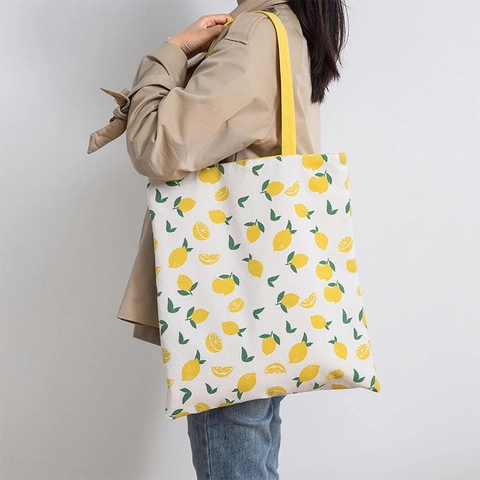 Reversible Canvas Tote Bag Cotton Linen Shopping Handbag Large Capacity Cartoon Geometric Print Casual Shoulder Bag