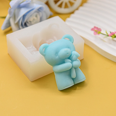 Bear Shape Silicone Mold With Rose Flower For Candle Soap Plaster Resin DIY Craft Making 3D Cartoon Animal Home Decor
