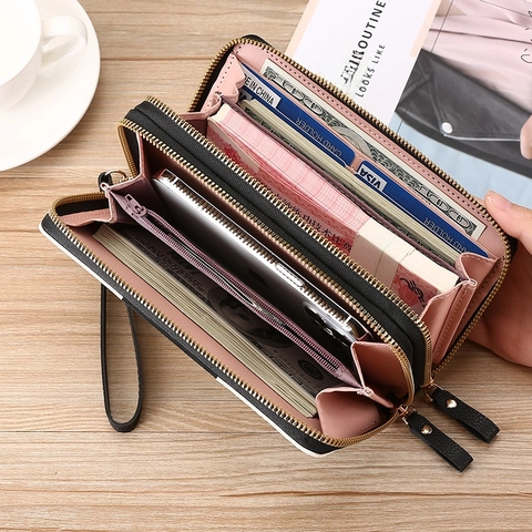 Women Long Double Zipper Wallet PU Leather Monogram Print Large Capacity Phone Clutch Bag With Wristlet