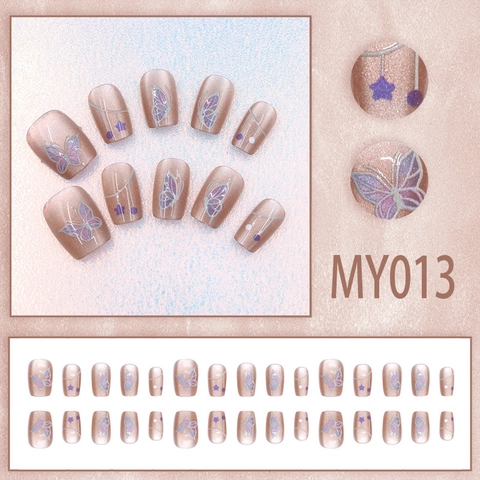 Cat Eye Press On Nails Purple Butterfly Pattern Glossy Artificial Finger Nails Short Square Round Elegant For Women