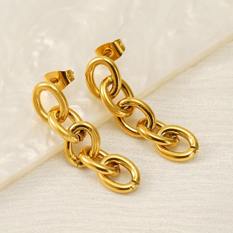 Long Chain Link Drop Earrings 18K Gold Plated Stainless Steel Geometric Interlocking Oval Rings Fashion Jewelry Women
