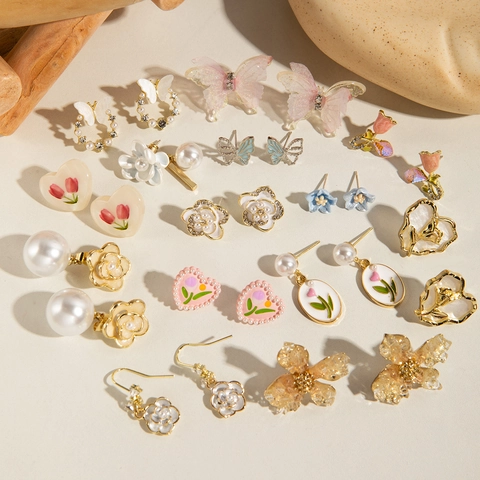 Flower Butterfly Heart Stud Earrings With 925 Sterling Silver Earring Post Alloy Artificial Pearl Rhinestone Floral Jewelry For Women