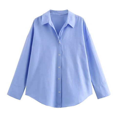 Blusa Oxford para Mujer Suelta Casual de Manga Larga de Poliéster con Botones y Solapa Rayada Color Sólido Top