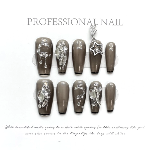 Faux Ongles à Coller Français Noir Transparent Faits à la Main Avec Pendentif Étoile Argent Strass Résine Coffin Longs pour Femme Bijoux