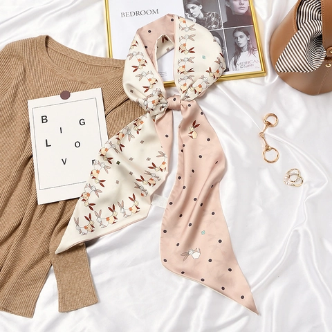 French Vintage Polyester Satin Scarf For Women Rabbit Floral Geometric Printed Neck Scarf Hair Tie Bag Handle Ribbon