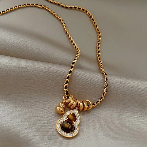 Collana Con Pendente A Zucca Placcata In Oro 18 Carati Pietra Occhio Di Tigre Zirconia Stile Cinese Retrò Gioielli Donna