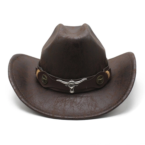 Westerse Cowboy Hoed Vintage Faux Suède Gebarsten Leer Brede Rand Zonnehoed Bull Head Gesp Riem Decor Voor Heren Dames