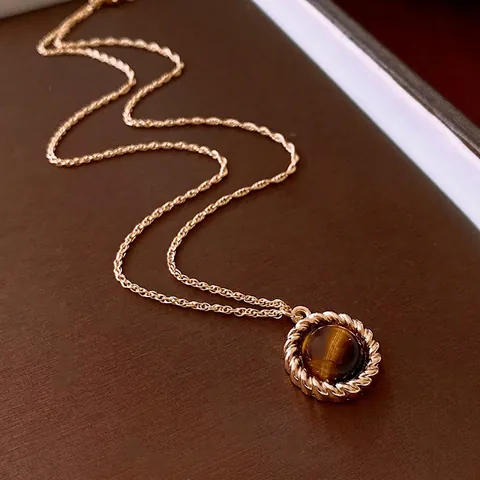 Joyería Vintage Redonda Piedra Ojo De Tigre Artificial Collar Y Pendientes Aleación Borde Cuerda Poste Plata Mujer